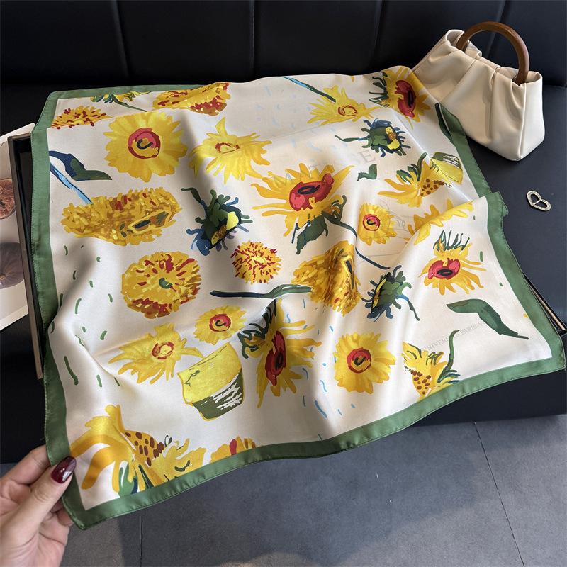 French retro imitation silk printing women's silk scarf square scarf premium shawl sunscreen neck scarf headscarf scarf