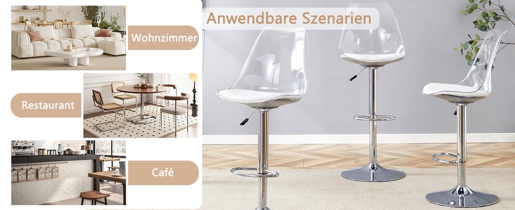 Modernes, verstellbares Barhocker-Set, 2 Stück, Rückenlehnen aus transparentem Kunststoff, Sitzfläche aus PU-Leder, Metallbeine, höhenverstellbar, 360 Grad drehbar