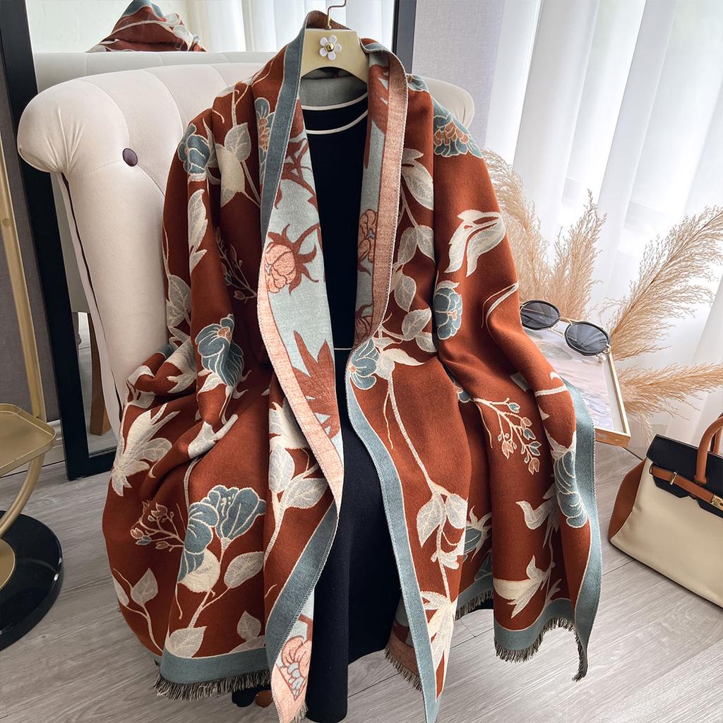 Ladies' Thickened Luxury Winter Flower Scarves Two-Sided Faux Cashmere Jacquard High-Quality Wool Pashmina Wrap