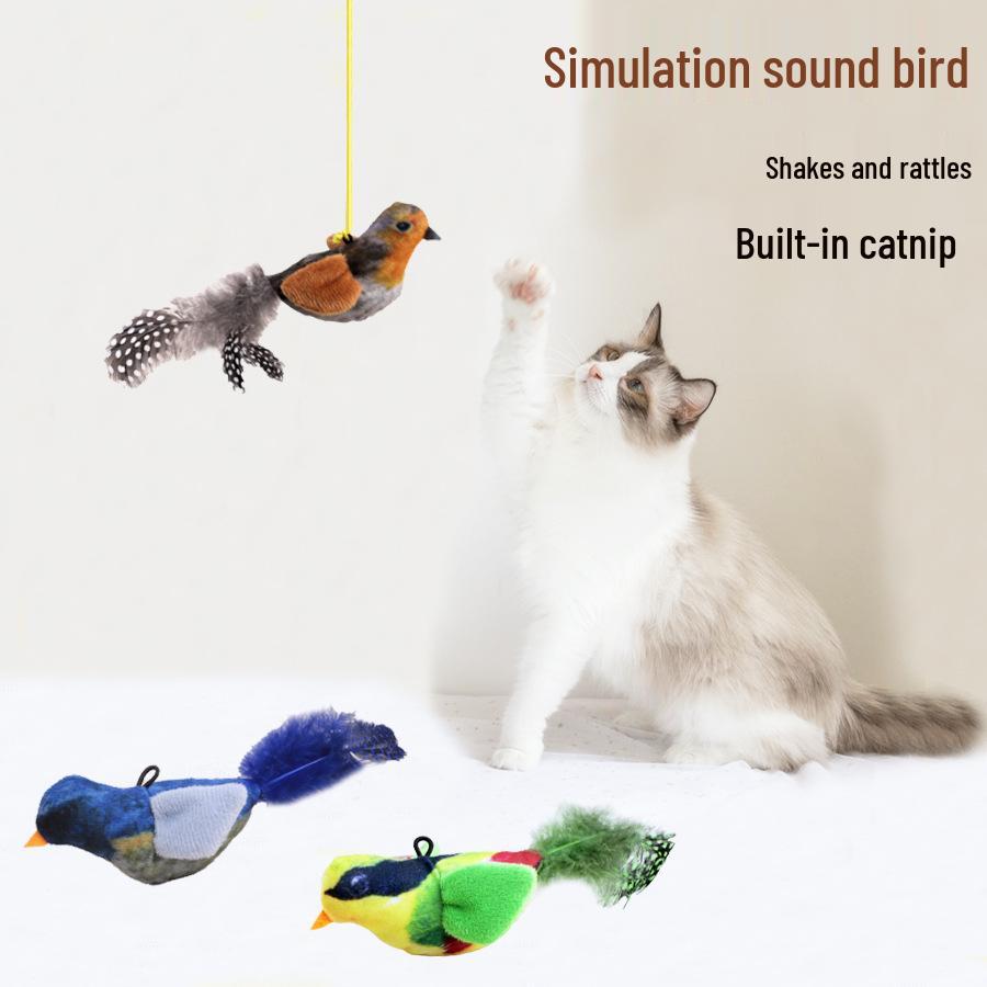 Chirping Bird Cat Teaser: Bite-Resistant, Feathered, Self-Play Toy for Boredom Relief