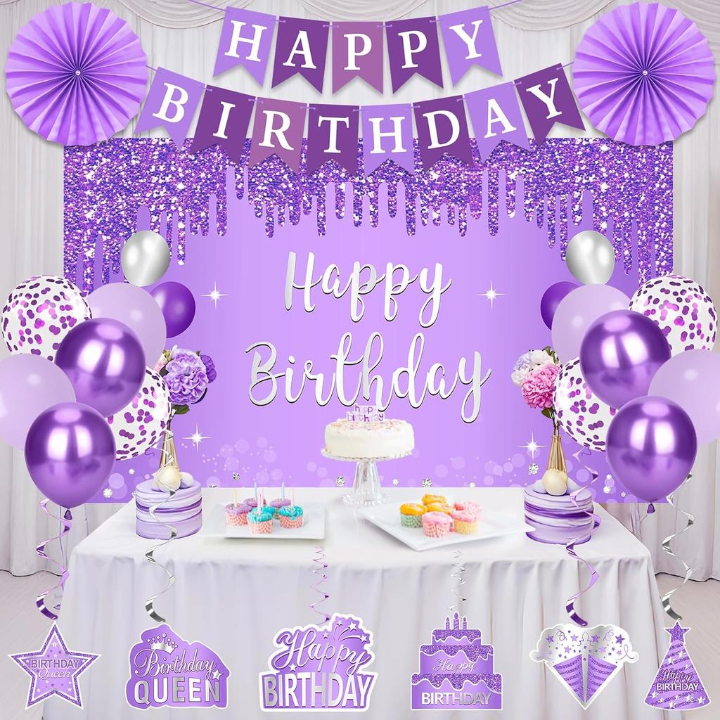 Purple Birthday Decorations for Women Girls, 30pcs Birthday Queen Crown and Sash, Purple Banner Balloons Backdrop Hanging Swirls Paper Fans Bday