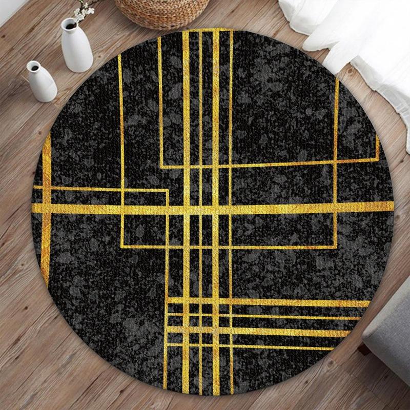 Modern Geometric Patterned Round Area Rug Artistic Gold Line Shape Print Carpet Soft Non Slip Floor Mat For Living Room Bedroom