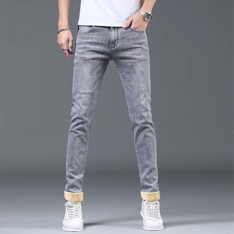 Jeans d'hiver pour hommes 2024 Doublés polaire Épaissis Coupe droite ajustée Amples Extensibles Garde au chaud Décontractés Pantalons longs pour hommes
