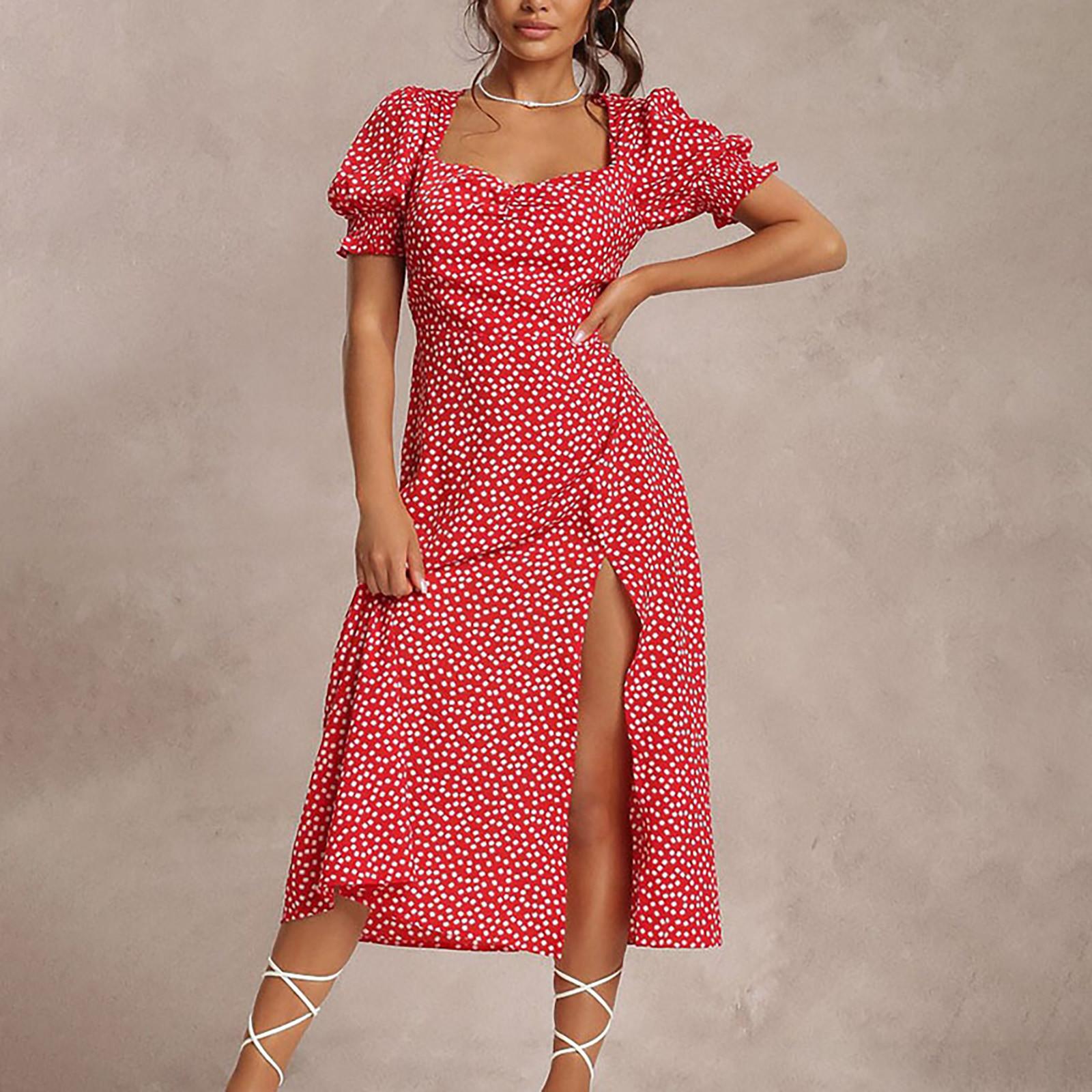 

Модное женское платье с квадратным вырезом и цветочным принтом, темпераментная юбка с тонкими разрезами и пышными рукавами L красный