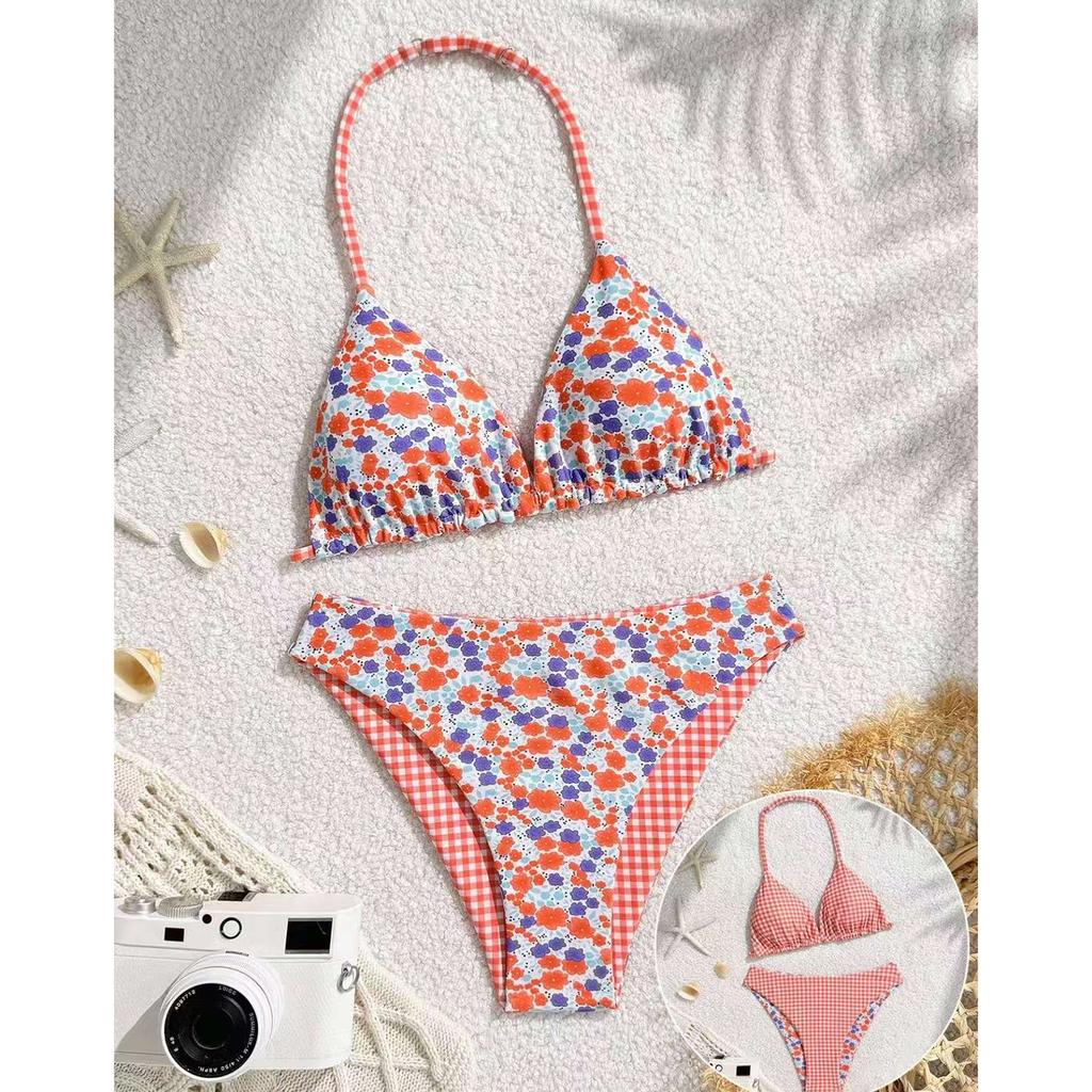 Zweiteiliger Badeanzug für Mädchen, Bikini-Set mit hoher Taille, Blumenmuster und Karomuster, Verstellbarer Neckholder für das Schwimmen im Freien