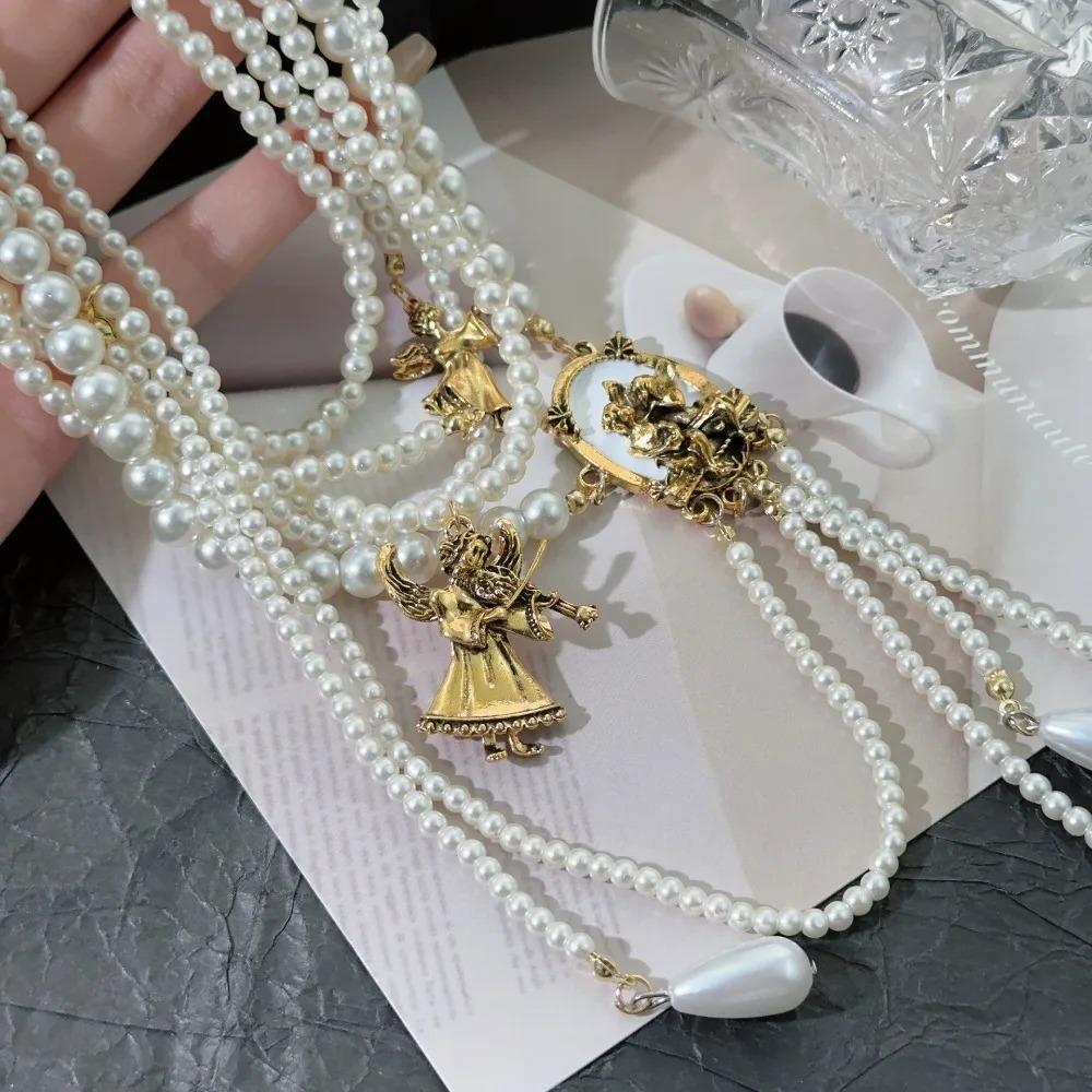Temperament Angel Queen Multi-layer Layering Fold Wear Teardrop-shaped Tassel Imitation Pearl Beaded Necklace for Women Jewelry