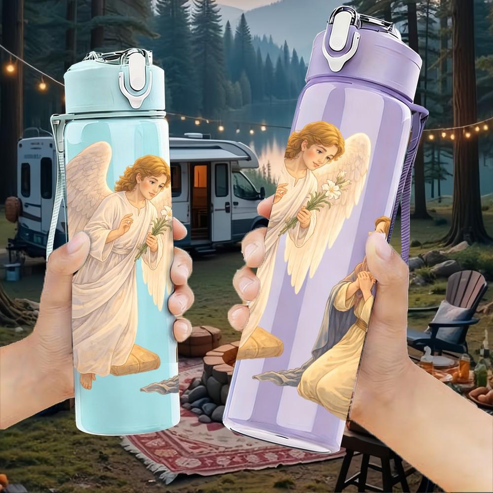 1PC Two Angels Praying Religious Print 750ml Color Plastic Sports Water Bottle Leakproof Flip Straw Lid Suitable for Sports Office Home Use