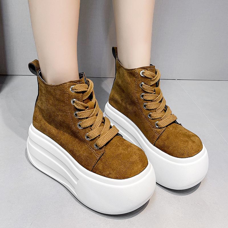 Fashion 9cm High Heel Suede Leather High-top Chunky Sneakers Shoes Women's Autumn Spring New Muffin Platform Casual Sneakers