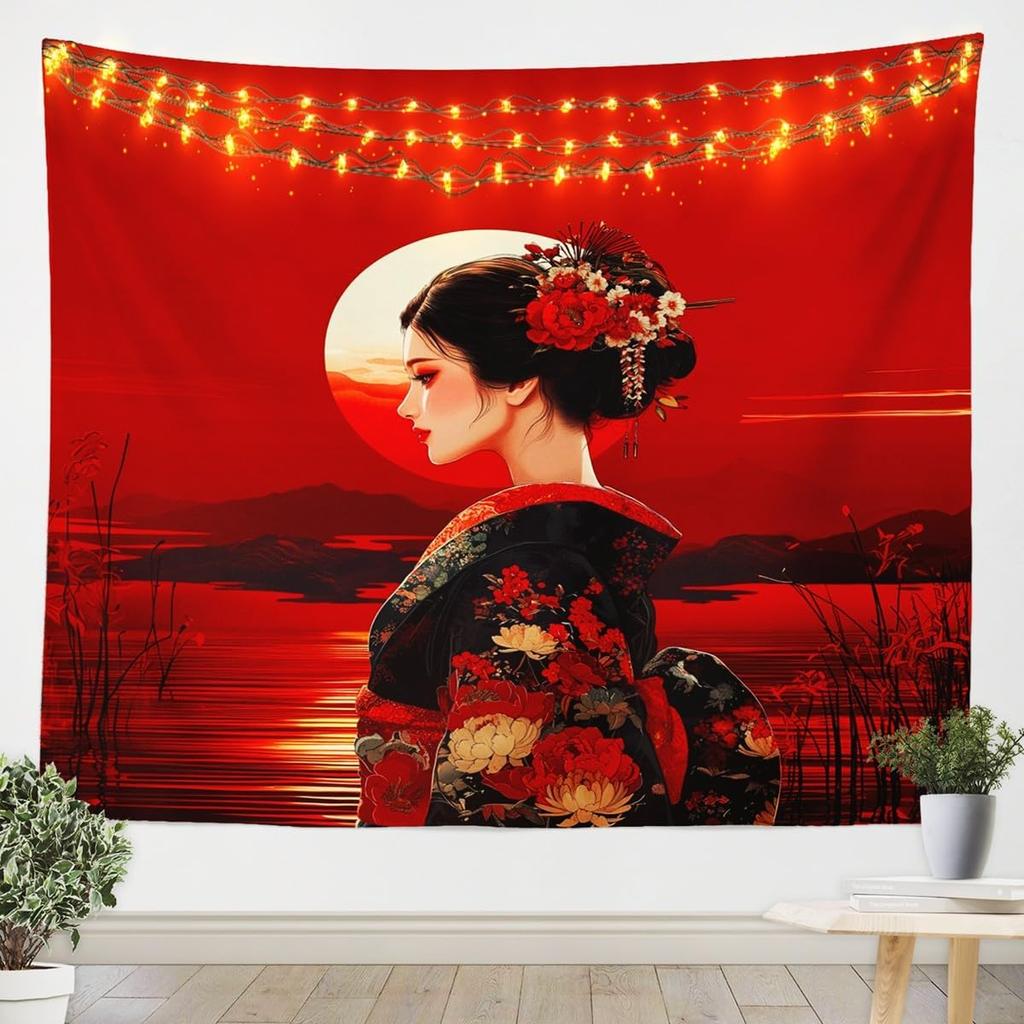Geisha TapestriesJapanese Kimono MtFuji Tapestry For BedroomRomantic Pink Cherry Blossom Wall Tapestry For Girls WomenRed