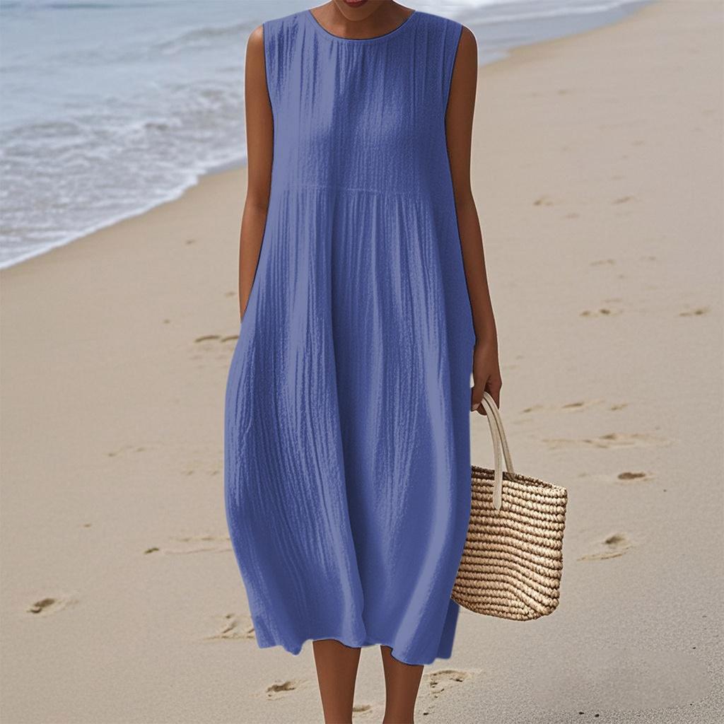 Women's Fashion Casual Sleeveless Round Neck Solid Color Elegant Temperament Dress
