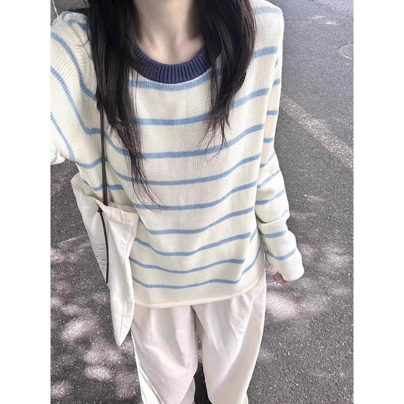 [Sheep wool] Korean striped round neck pullover women's autumn and winter 2025 new knitted sweater