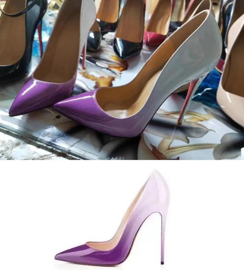 Fashion Multi colored d 12cm super high heels in pink and white patent leather, sexy and fashionable pointed thin single shoes