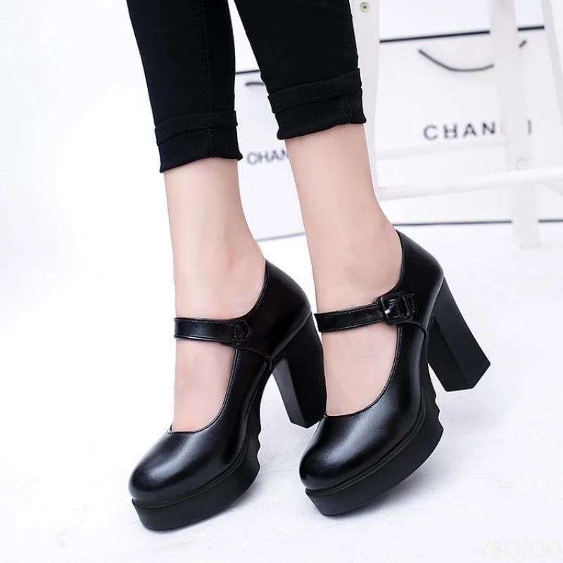 Fashion New Hot Sale Women's high heels Outdoors Shallow Mouth Flats Versatile Buckle leather Shoes Black sexy thick heel pumps Mujer