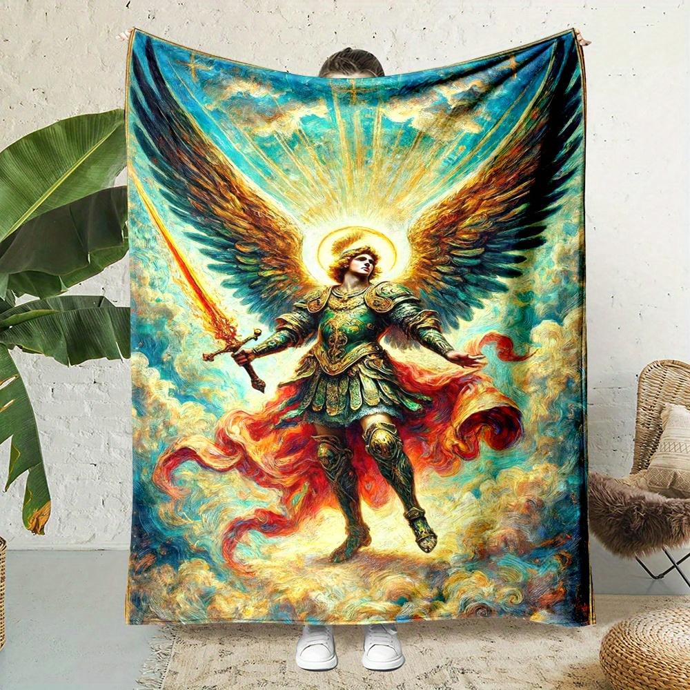 Angel with Holy Sword in Sky Pattern Digital Print Flannel Throw Blanket, Mixed Color, Polyester, Non-Woven Fabric, Contemporary 75x90cm