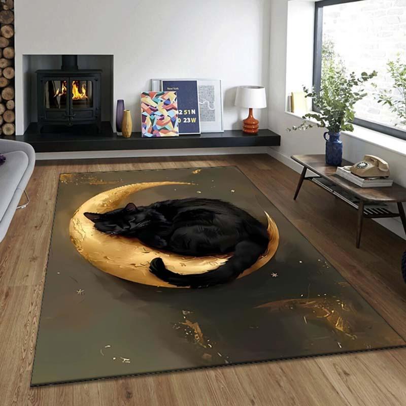 Crystal Velvet Sleeping Cat Printed Area Rug Carpet for Bedroom, Living Room, Home Decor, Non-Slip Mat for Bedside