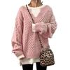 Brown Cable Knit V-Neck Loose Fit Long Sleeve Sweater