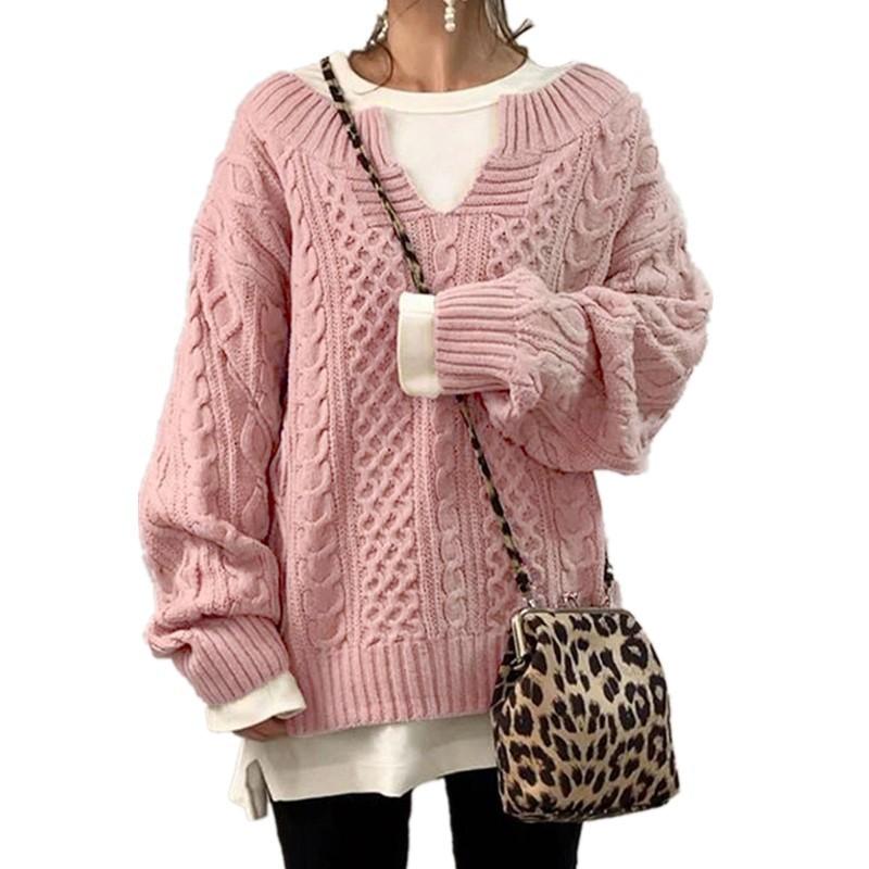 Brown Cable Knit V-Neck Loose Fit Long Sleeve Sweater