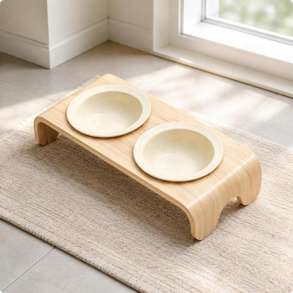 Raised Double Cat Bowl Curved Wood Wooden Stand Arched Legs Glossy Purple