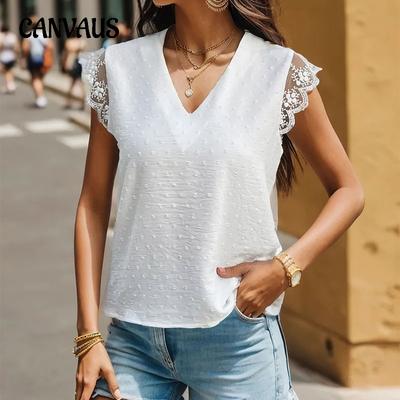 Summer Women's T-shirt Sleeveless V-neck Temperament Shirt Lace Splicing Short-sleeved Shirt