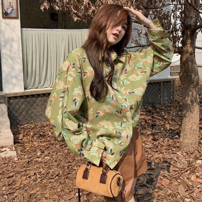 Single-row Multi-button Shirt for Women with A Temperament of Retro and Lazy Style Polo Collar Printed Versatile Long-sleeved In Cardig