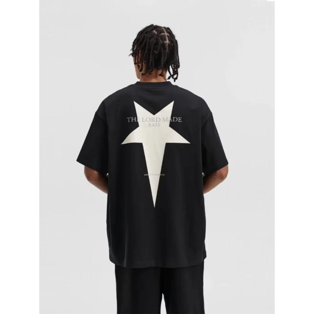 Summer Fashion Heavyweight Retro Men's Pentagram Cotton Printed Round Neck High-quality Casual Fitness Street Sports T-shirt