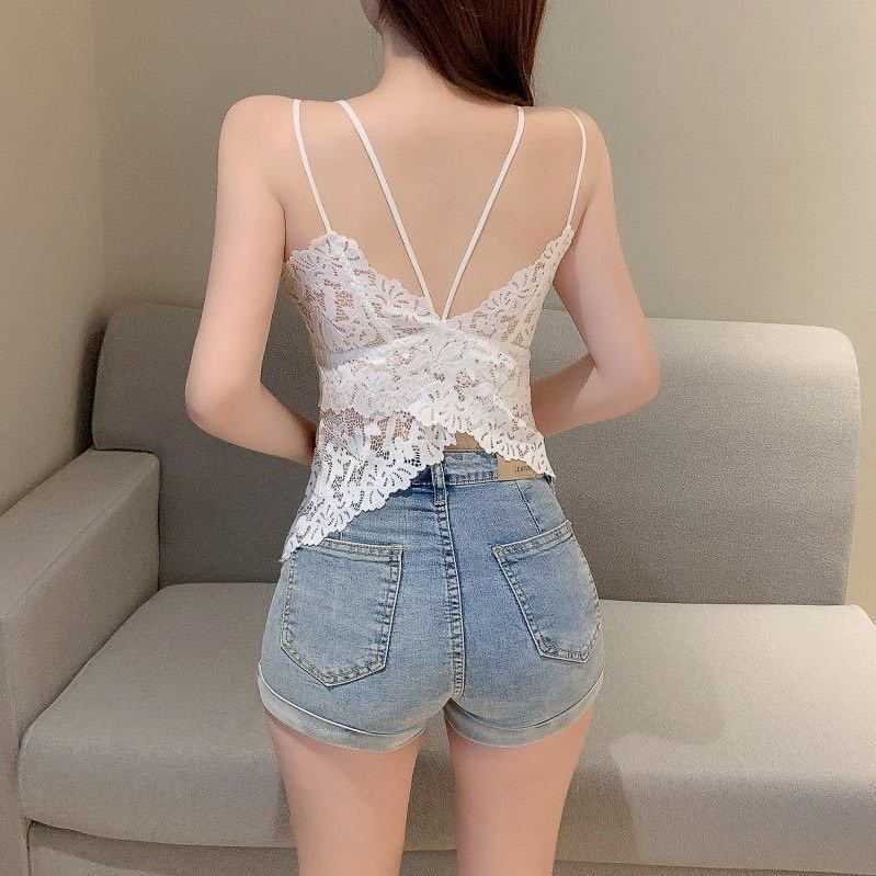 Women's Lace Bralette Camisole With Built-in Padded Bra, Spaghetti Strap Backless Tank Top For Summer Layering