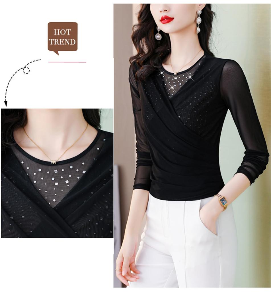 YONGO Cross Everyday Ballroom Dance Sparkly Dance Dance Practice Outfit Women's See-Through Top, Net, Innerwear, Wear, Top, T-Shirt, Sheer,