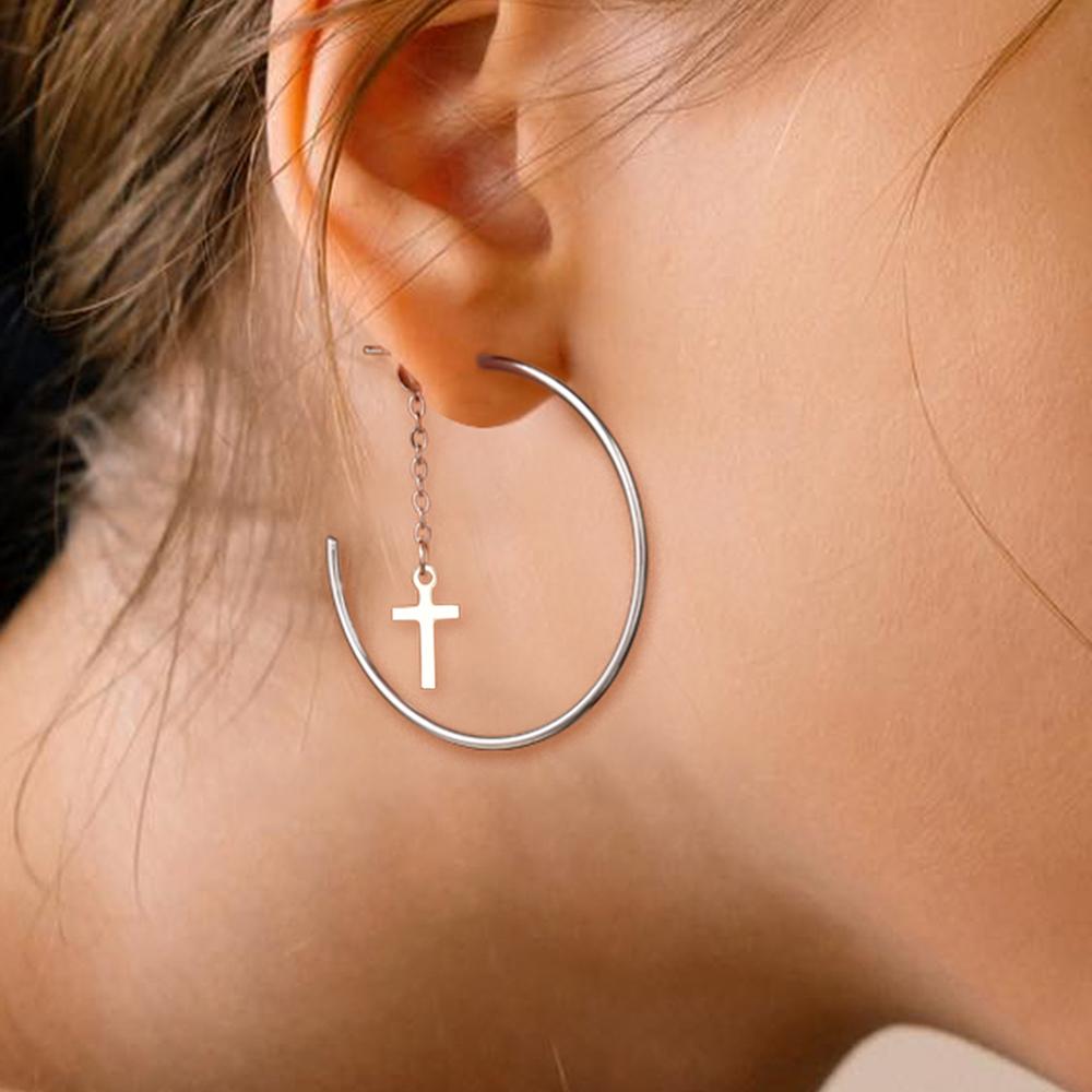 Stainless Steel Earrings C-shape Punk Cross Pendant Classic Fashion Personality Dangle Earrings For Women Zircon Banquet Gifts