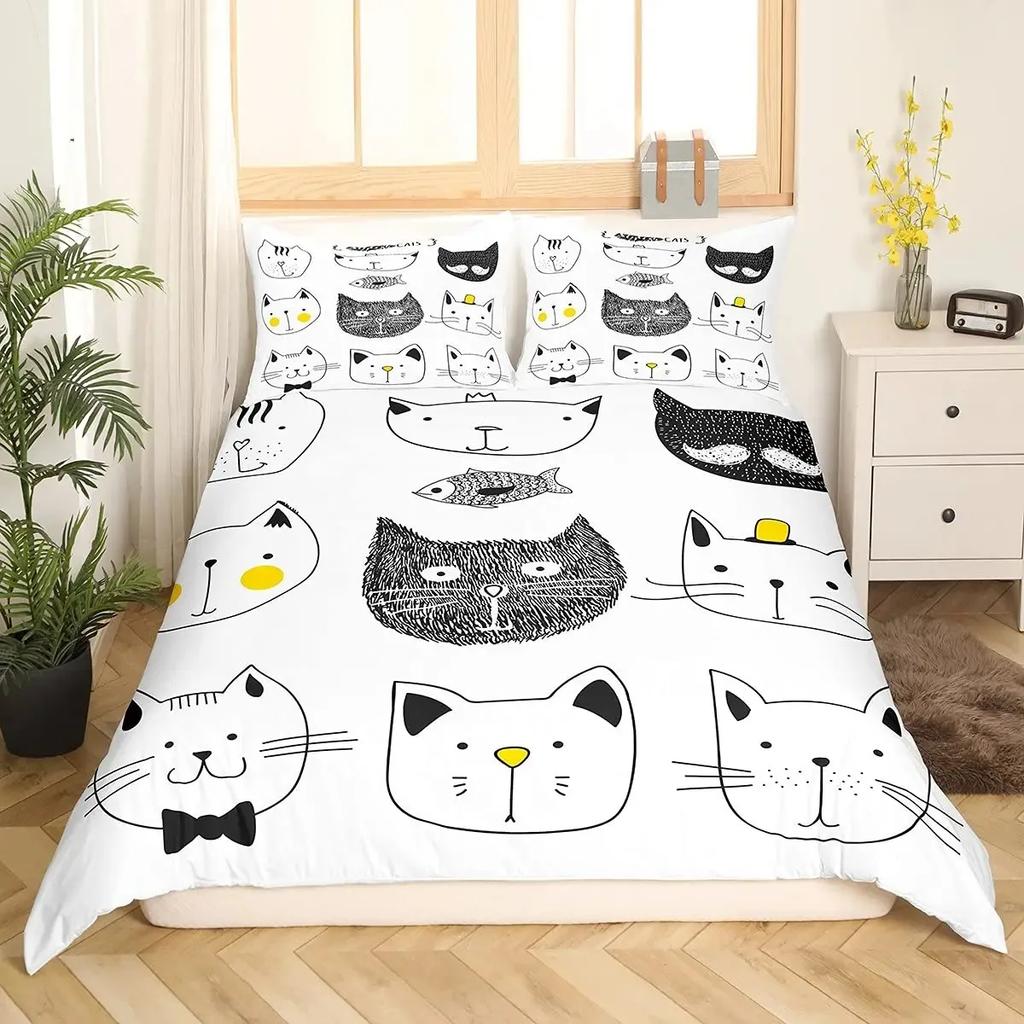 Cartoon Cat Duvet Cover Set Pet Cat Comforter Cover Cute Kitten Neon Light Bedding Set 3D Cat Lover's Bedspread Cover
