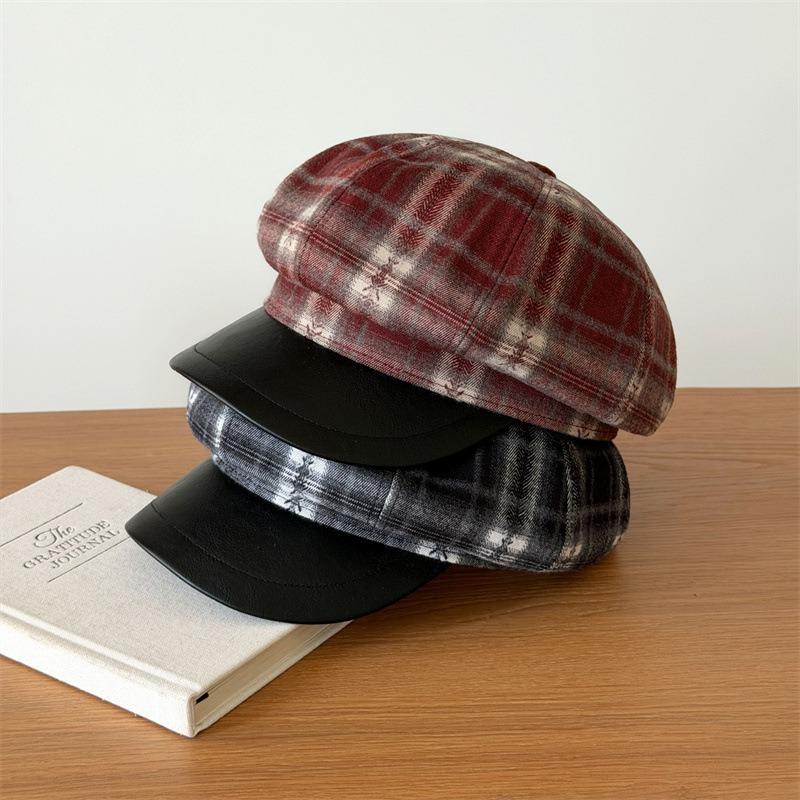 Women S Plaid Octagonal Hat Large Head Circumference Vintage Style Autumn Winter Cap