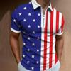 Trendy Short-sleeve Polo Shirt with American Flag Print, Zip Collar, Casual and Stylish.