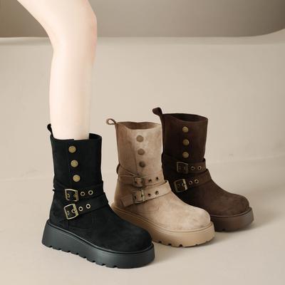 Bottes Compensées à Manchette Mode Bout Rond Polaire Gratté Boucle Métallique Cloutée Plateforme Antidérapantes Bottines