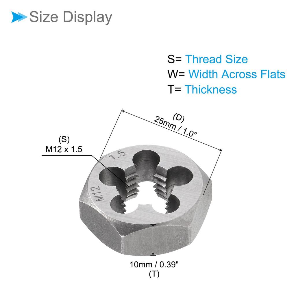 CoCud Hex Re-cutting Die, M12 x 1.5 Pitch, with 5 Tip Holes, Carbon Steel Cylindrical Pipe Threading Tool - (Application: Thread Repair)