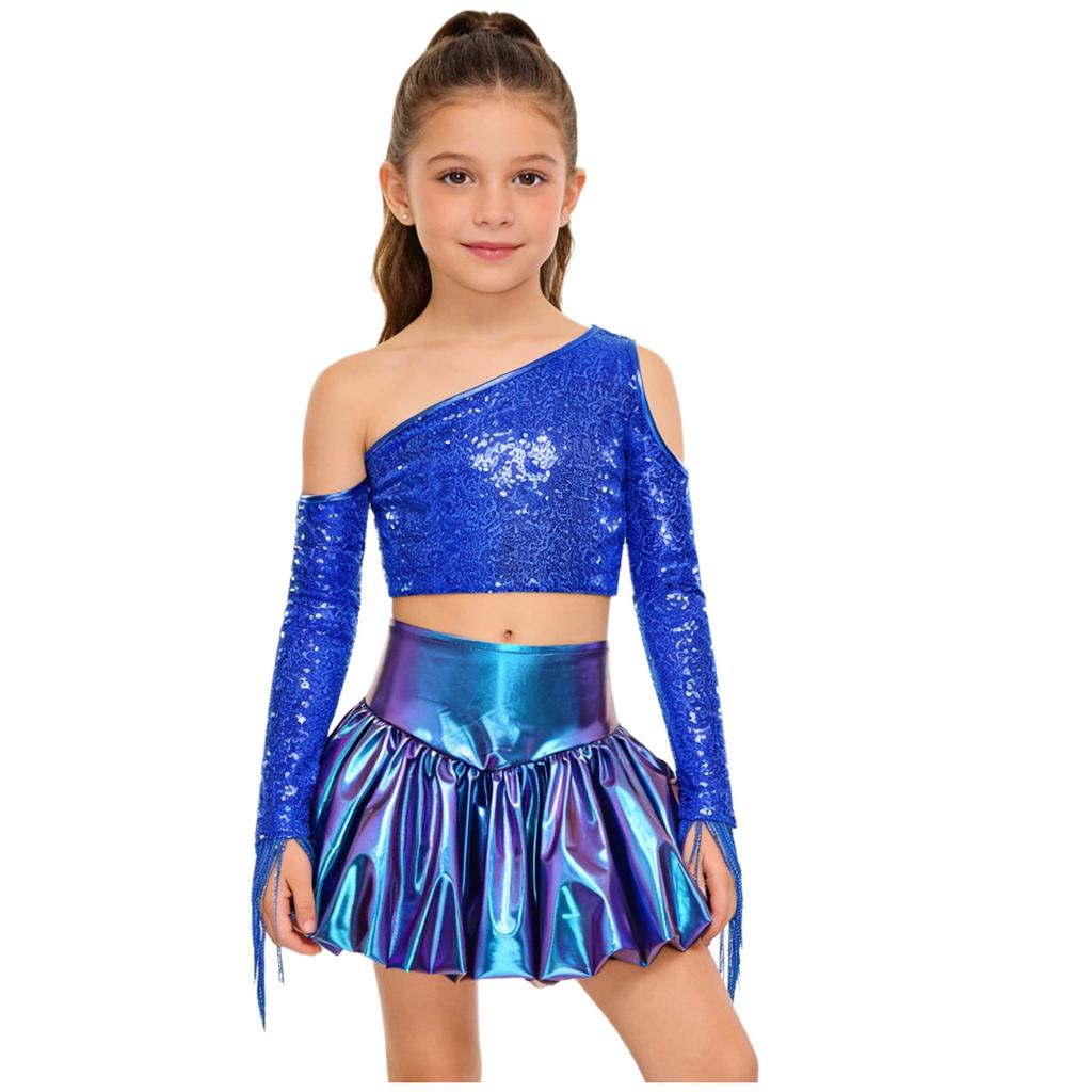 Meisjes Performance Outfit Metallic Glanzend Cold Shoulder Crop Top Lange Mouwen Kwastjes Design Feest Bellenrok