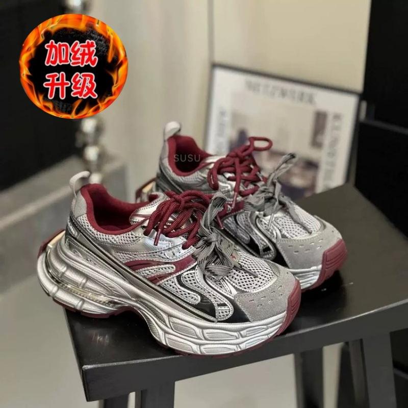 European Station Dad Shoes Mesh Shoes Breathable Leather 2025 Autumn and Winter Velvet Platform Casual Sports Shoes Women's Shoes