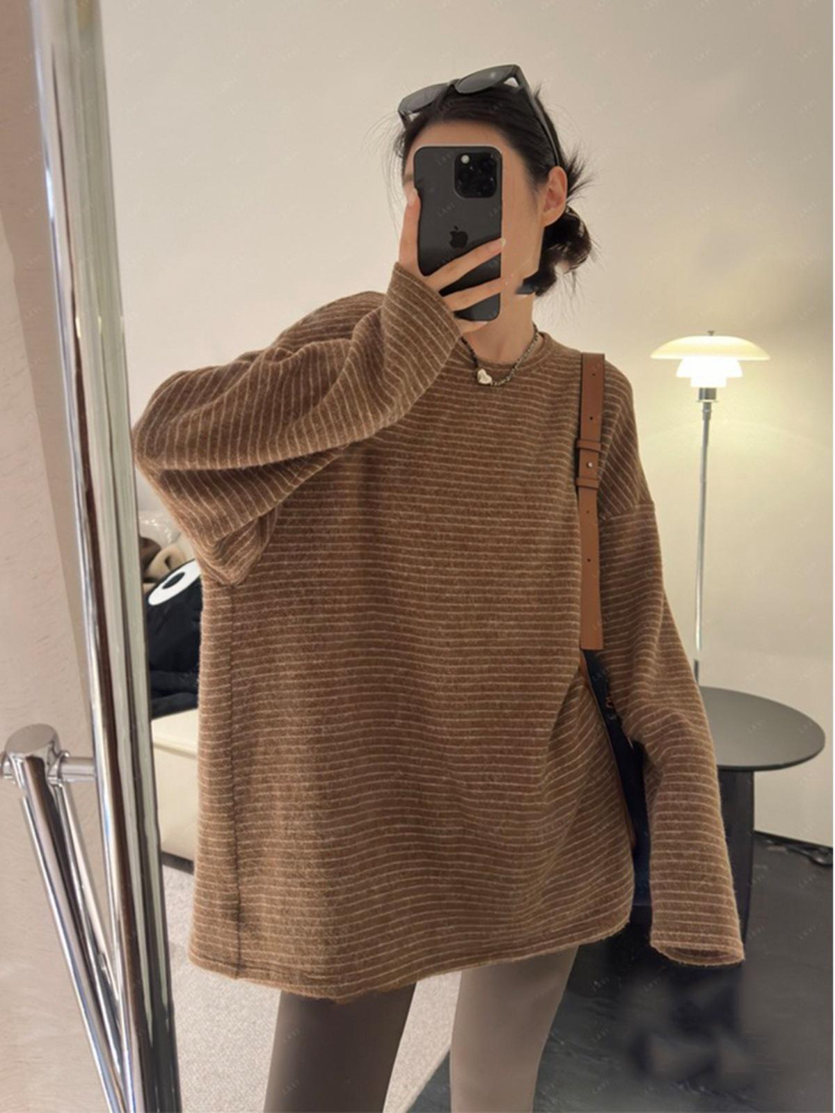 Women s Striped Round Neck Long Sleeve T-Shirt - Casual, Slimming, and Versatile for Autumn S (80-95 Jin) кофейный