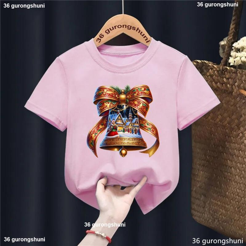 Xmas Gift Kids Clothes Christmas Bell Santa Claus Rides Reindeer Printed T Shirt For Girls/Boys Funny Solid T-Shirt Tops