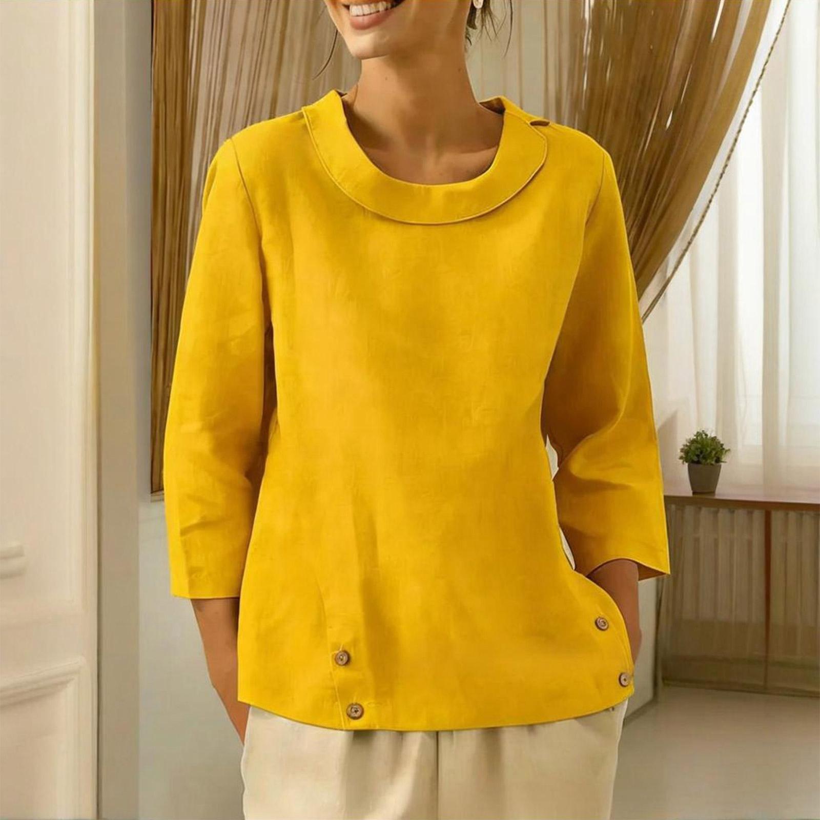 

Women s Fashionable Casual Color Versatile Cotton Linen Plus Size Loose Slimming Top Sailor Collar Blouse S жовтий