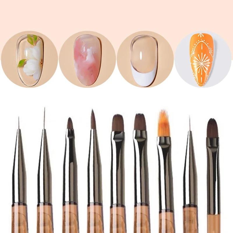 9-Piece Nail Art Brush Set with Fine Detailing Tips - Professional Gel & Acrylic Painting Kit with Ergonomic Brown Handles