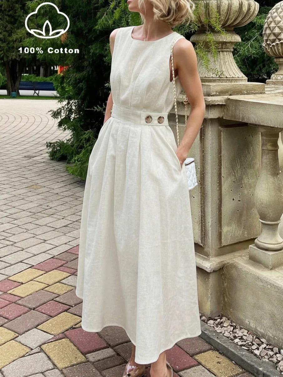 European French temperament elegant casual simple sleeveless crew neck skirt summer thin dress S