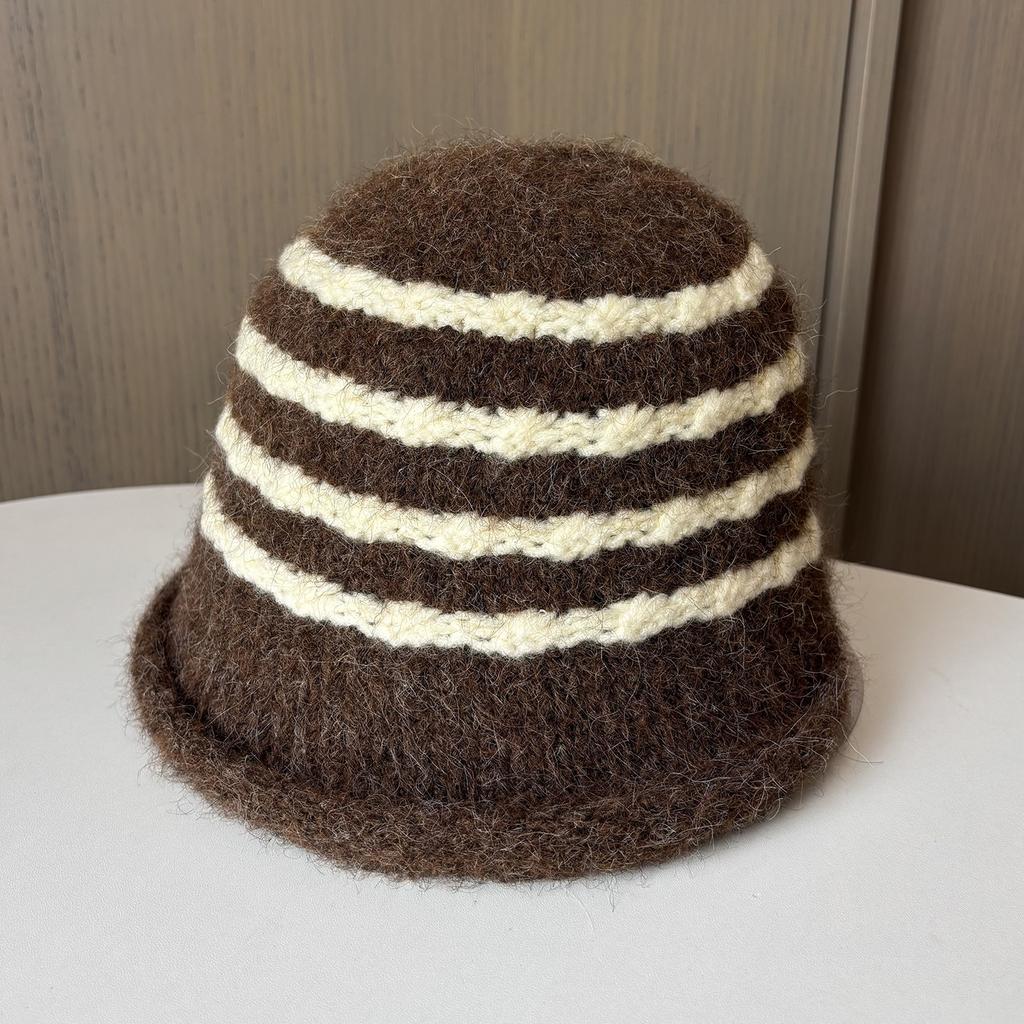 Japanese Striped Retro Knitted Bucket Hat Women'S Warm Wool Hat Versatile Big Brim Showing Face Small Bucket Hat