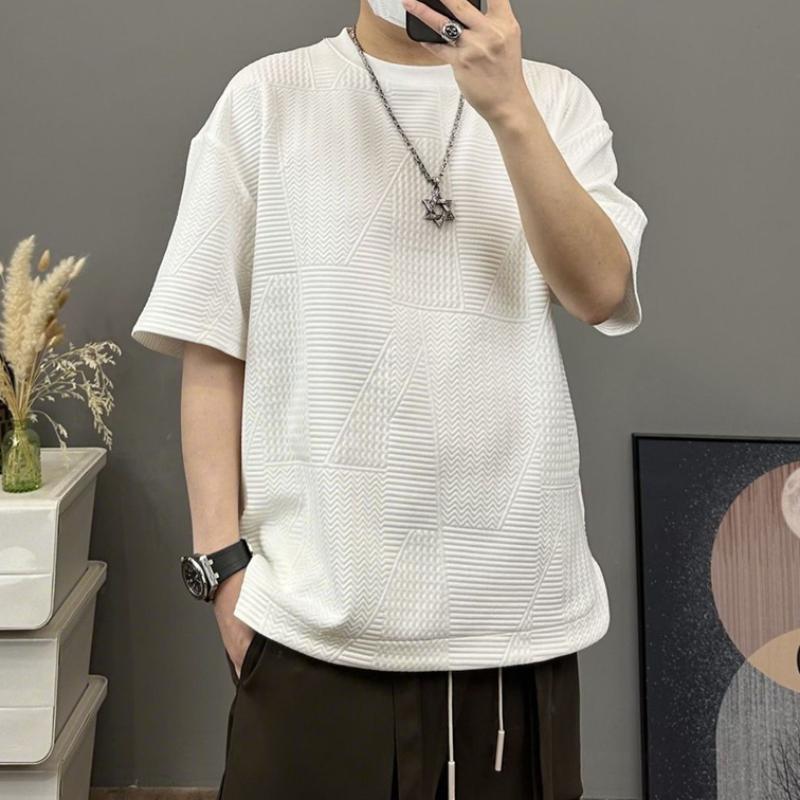 White Relief Texture Jacquard Short-sleeved Men's Hidden Pocket Round Neck T-shirt Loose Casual and Versatile Half-sleeved Men's T-shirt