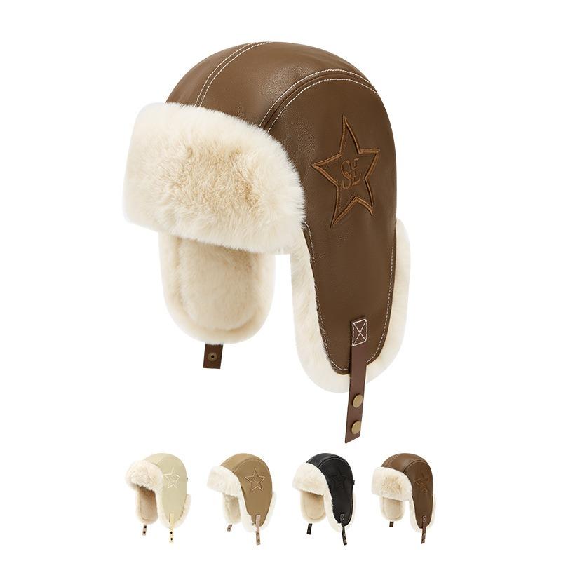 Vintage star leather, velvet, thickened warm and cold ear protector, ski riding cap.