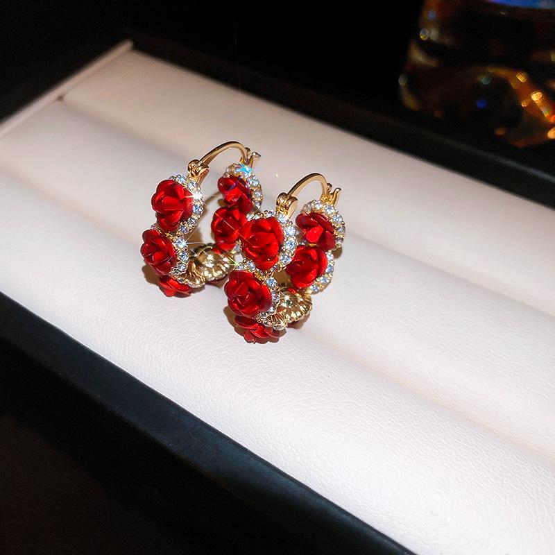 Retro Red Zirconia Pearl Flower Earrings - High-End Hong Kong Style Studs for Women