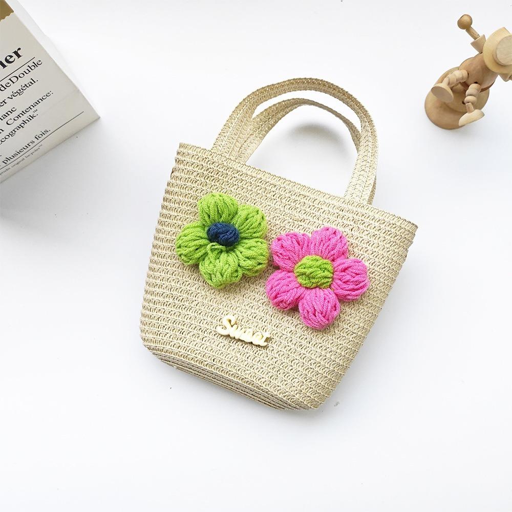Cute Handmade Woven Straw Bag Bowknot Breathable Storage Basket Flower Coin Purse Kids Girls