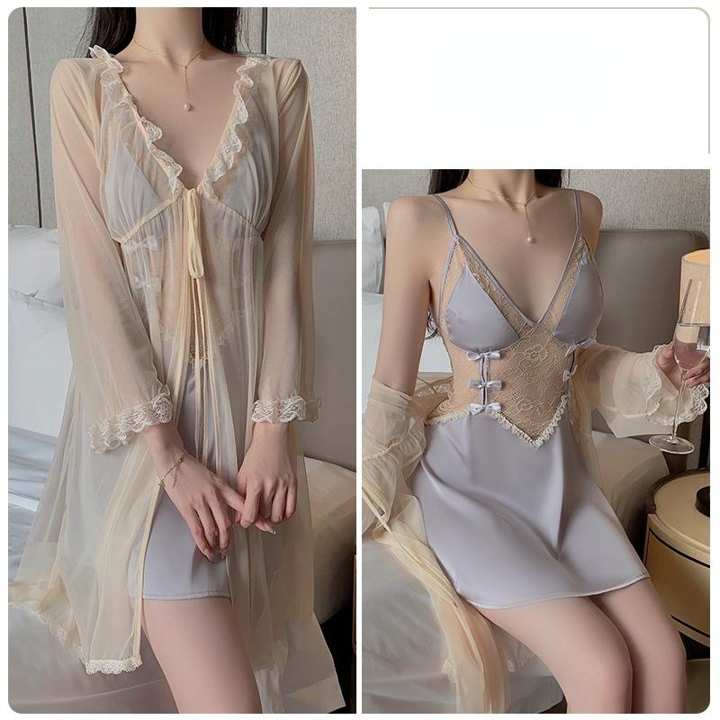 Sexy ryggløs forførende dyp V komfortabel pyjamas sløyfe stropp pyjamas kjole hjemme dress