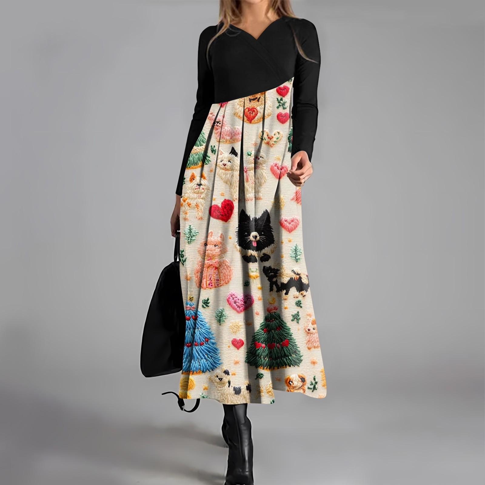 

Женское модное повседневное платье свободного покроя с V-образным вырезом, длинными рукавами, цветочным принтом и карманом на талии XXXL хаки