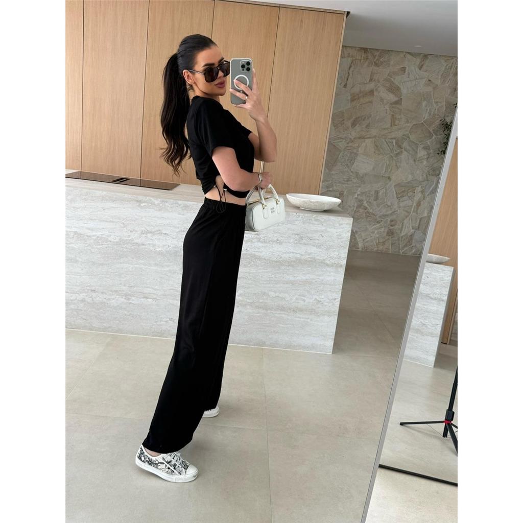 Lato Nowa Moda Casual Jednolity Kolor Garnitur T-shirt Szerokie Nogawki Spodnie Zestaw Dwuczęściowy Dla Kobiet