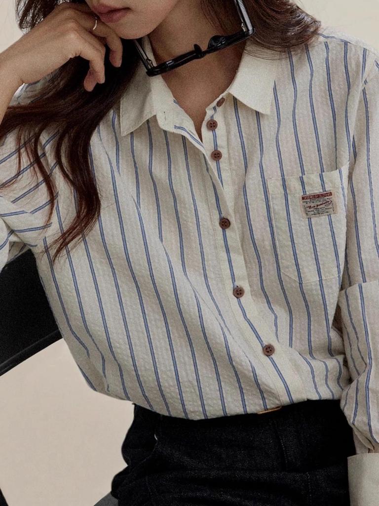 Women's Spring Color Block Striped Shirt - French Retro College Style