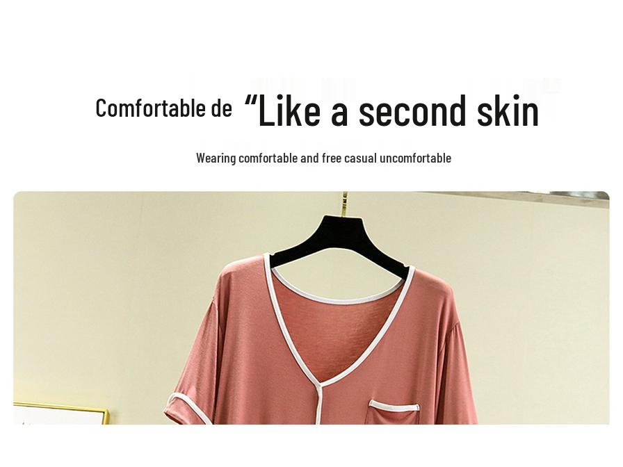 Women's Loose Modal V-Neck Summer Dress with Short Sleeves, Pocket, and Lightweight Design for Home or Outdoor Wear.